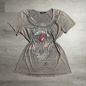 Vintage Cotty On Gray Jeweled Cross Wings Heart Tee Size S Y2K Goth Grunge 00s